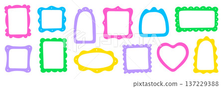 Frame border hand drawn cute set. Cute doodle frame border square, rectangle line photo picture shapes. Cartoon children kids bow scallop lace stamp retro vintage card. Vector 137229388