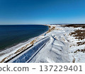 Winter aerial view of the Nemuro Main Line near Cape Ochiishi, overlooking the Pacific coast 137229401