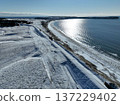 Winter aerial view of the Nemuro Main Line near Cape Ochiishi, overlooking the Pacific coast 137229402
