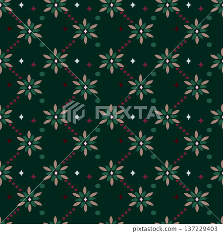Elegant dark green botanical seamless pattern with stylized floral motifs and geometric accents. Ideal for luxury home decor, fashion, and gift wrap. 137229403