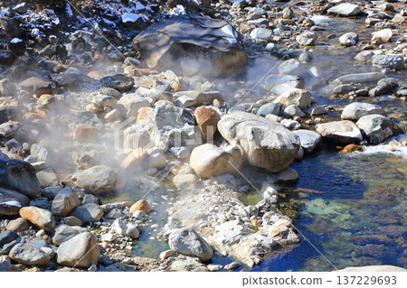 Kudzu Onsen: Hot spring steam rising from the riverbed 137229693
