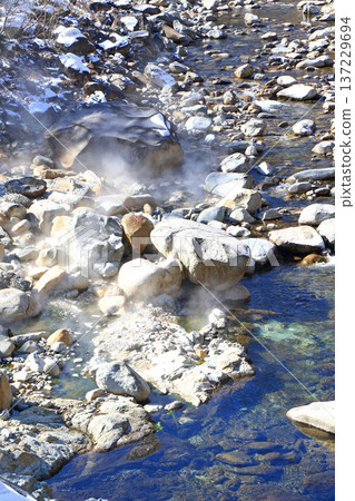 Kudzu Onsen: Hot spring steam rising from the riverbed Kudzu Onsen: Hot spring steam rising from the riverbed 137229694