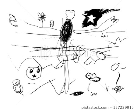 Monochrome line drawing illustration of a mysterious figure singing with a cat, turtle, and UFO, hand-drawn with a pen 137229913