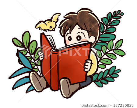 A boy sitting and reading a book A boy sitting and reading a book 137230023