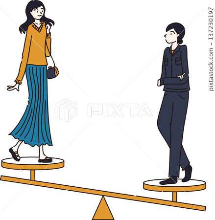 Illustration showing a woman's work-life balance: Navy blue uniform, bias towards work Illustration showing a woman's work-life balance: Navy blue uniform, bias towards work 137230197