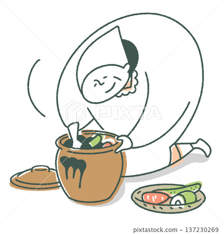 一位老婦人在醃製蔬菜 137230269