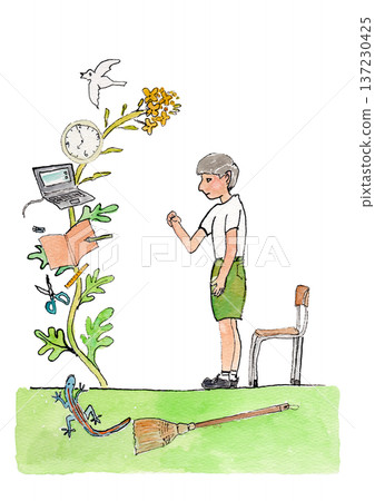 Watercolor illustration of a boy standing with a school image 137230425