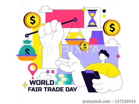 World Fair Trade Day Vector Illustration on May 11 with Gold Coins, Scales, and Hammer for Climate Justice and Planetary Economy in Flat Background World Fair Trade Day Vector Illustration on May 11 with Gold Coins, Scales, and Hammer for Climate Justice and Planetary Economy in Flat Background 137230543