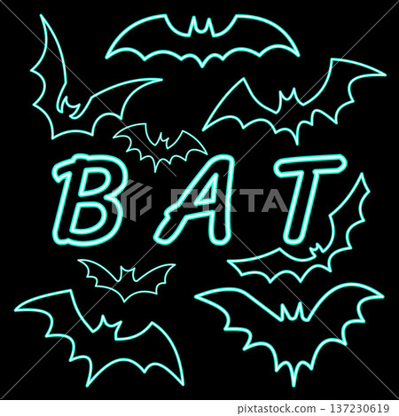 Green Bat Icon Line Neon. Green Bat Neon. Green Bat Neon Signboard Icon. Green Bat Neon Icon. Halloween Neon Green Bat Outline Icon Isolated on Black Background. Vector illustration. Elements for 137230619