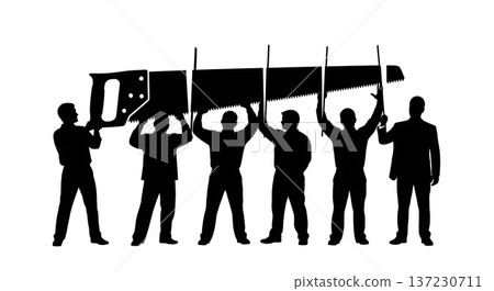 Black Solid Analyst Silhouettes Holding Giant Saw Set of Six on White Background 137230711