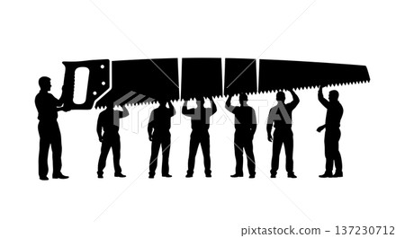 Black Solid Analyst Silhouettes Holding Giant Saw Set of Six on White Background Black Solid Analyst Silhouettes Holding Giant Saw Set of Six on White Background 137230712