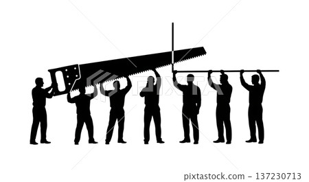 Black Solid Analyst Silhouettes Holding Giant Saw Set of Six on White Background Black Solid Analyst Silhouettes Holding Giant Saw Set of Six on White Background 137230713