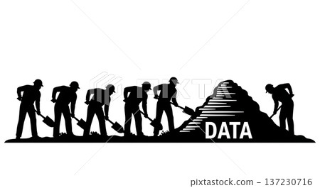 Black Solid Analyst Silhouettes Holding Giant Shovel Set of Six on White Background Black Solid Analyst Silhouettes Holding Giant Shovel Set of Six on White Background 137230716