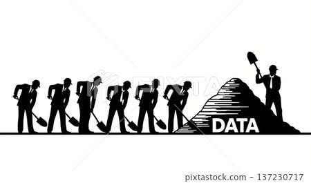 Black Solid Analyst Silhouettes Holding Giant Shovel Set of Six on White Background Black Solid Analyst Silhouettes Holding Giant Shovel Set of Six on White Background 137230717