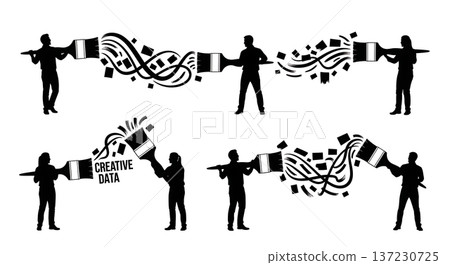 Black Solid Analyst Silhouettes Holding Giant Paintbrush Set of Six on White Background 137230725