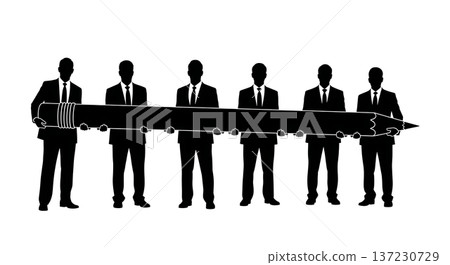 Black Solid Analyst Silhouettes Holding Giant Pencil Set of Six on White Background 137230729