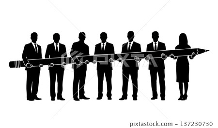 Black Solid Analyst Silhouettes Holding Giant Pencil Set of Six on White Background 137230730