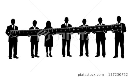 Black Solid Analyst Silhouettes Holding Giant Ruler Set of Six on White Background Black Solid Analyst Silhouettes Holding Giant Ruler Set of Six on White Background 137230732