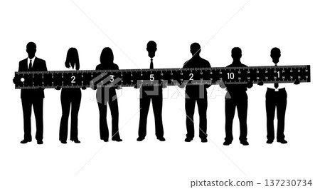 Black Solid Analyst Silhouettes Holding Giant Ruler Set of Six on White Background Black Solid Analyst Silhouettes Holding Giant Ruler Set of Six on White Background 137230734