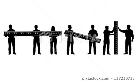Black Solid Analyst Silhouettes Holding Giant Ruler Set of Six on White Background Black Solid Analyst Silhouettes Holding Giant Ruler Set of Six on White Background 137230735