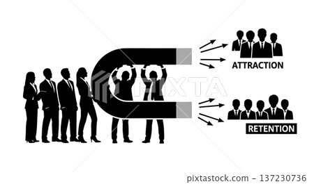 Black Solid Analyst Silhouettes Holding Giant Magnet Set of Six on White Background 137230736