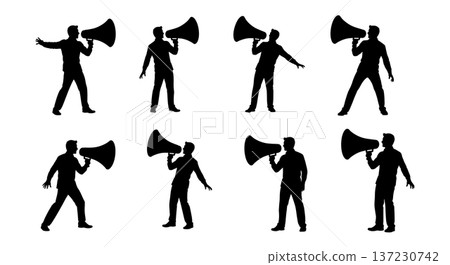 Black Solid Analyst Silhouettes Holding Giant Megaphone Set of Six on White Background 137230742