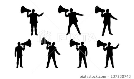 Black Solid Analyst Silhouettes Holding Giant Megaphone Set of Six on White Background 137230743