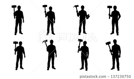 Black Solid Analyst Silhouettes Holding Giant Hammer Set of Six on White Background Black Solid Analyst Silhouettes Holding Giant Hammer Set of Six on White Background 137230750