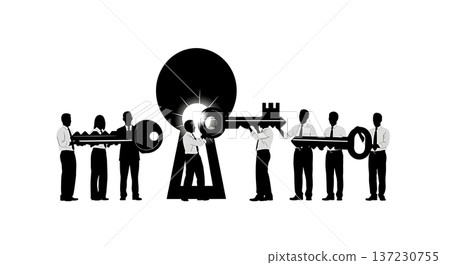 Black Solid Analyst Silhouettes Holding Giant Key Set of Six on White Background Black Solid Analyst Silhouettes Holding Giant Key Set of Six on White Background 137230755
