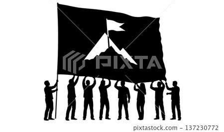 Black Solid Analyst Silhouettes Holding Giant Flag Set of Six on White Background 137230772