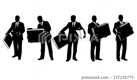 Black Solid Analyst Silhouettes Holding Giant Folder Set of Six on White Background 137230775