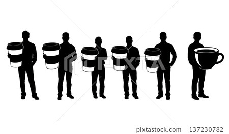Black Solid Analyst Silhouettes Holding Giant Coffee Cup Set of Six on White Background 137230782