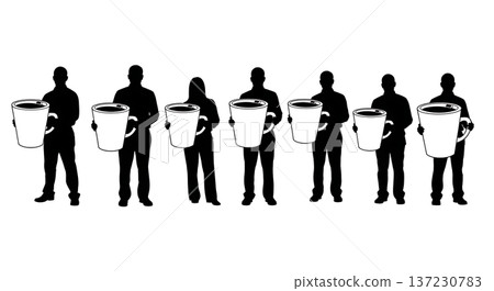 Black Solid Analyst Silhouettes Holding Giant Coffee Cup Set of Six on White Background 137230783