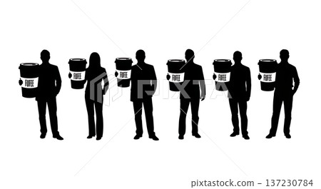 Black Solid Analyst Silhouettes Holding Giant Coffee Cup Set of Six on White Background 137230784