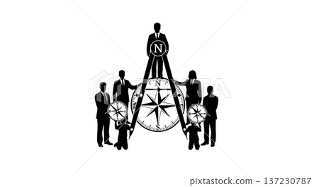 Black Solid Analyst Silhouettes Holding Giant Compass Set of Six on White Background Black Solid Analyst Silhouettes Holding Giant Compass Set of Six on White Background 137230787