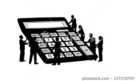Black Solid Analyst Silhouettes Holding Giant Calculator Set of Six on White Background Black Solid Analyst Silhouettes Holding Giant Calculator Set of Six on White Background 137230797
