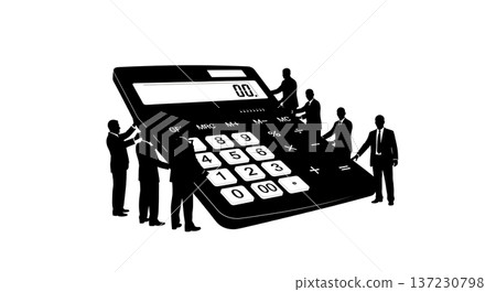 Black Solid Analyst Silhouettes Holding Giant Calculator Set of Six on White Background 137230798