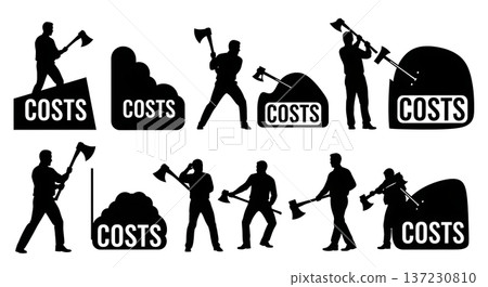 Black Solid Analyst Silhouettes Holding Giant Axe Set of Six on White Background Black Solid Analyst Silhouettes Holding Giant Axe Set of Six on White Background 137230810