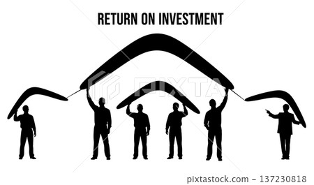 Black Solid Analyst Silhouettes Holding Giant Boomerang Set of Six on White Background Black Solid Analyst Silhouettes Holding Giant Boomerang Set of Six on White Background 137230818
