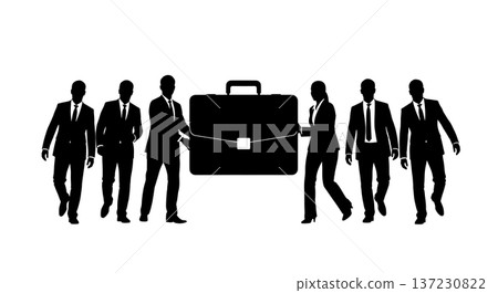 Black Solid Analyst Silhouettes Holding Giant Briefcase Set of Six on White Background 137230822