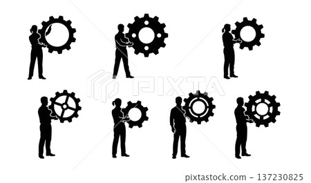 Black Solid Analyst Silhouettes Holding Gears Cogs Set of Six on White Background Black Solid Analyst Silhouettes Holding Gears Cogs Set of Six on White Background 137230825