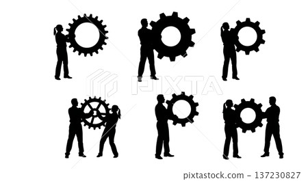 Black Solid Analyst Silhouettes Holding Gears Cogs Set of Six on White Background Black Solid Analyst Silhouettes Holding Gears Cogs Set of Six on White Background 137230827