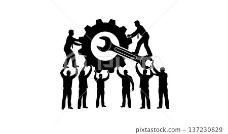 Black Solid Analyst Silhouettes Holding Gear Wrench Set of Six on White Background Black Solid Analyst Silhouettes Holding Gear Wrench Set of Six on White Background 137230829