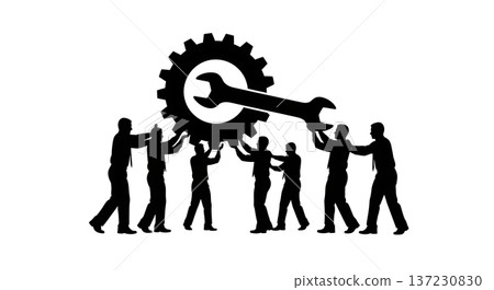 Black Solid Analyst Silhouettes Holding Gear Wrench Set of Six on White Background Black Solid Analyst Silhouettes Holding Gear Wrench Set of Six on White Background 137230830