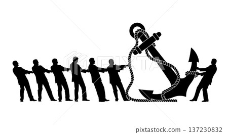Black Solid Analyst Silhouettes Holding Giant Anchor Set of Six on White Background Black Solid Analyst Silhouettes Holding Giant Anchor Set of Six on White Background 137230832
