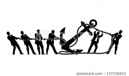 Black Solid Analyst Silhouettes Holding Giant Anchor Set of Six on White Background Black Solid Analyst Silhouettes Holding Giant Anchor Set of Six on White Background 137230833