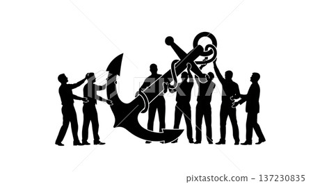 Black Solid Analyst Silhouettes Holding Giant Anchor Set of Six on White Background 137230835