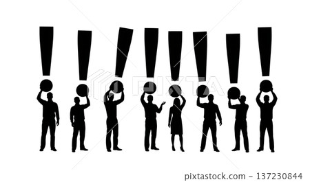 Black Solid Analyst Silhouettes Holding Exclamation Marks Set of Six on White Background 137230844