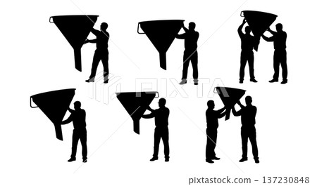 Black Solid Analyst Silhouettes Holding Funnel Shapes Set of Six on White Background Black Solid Analyst Silhouettes Holding Funnel Shapes Set of Six on White Background 137230848