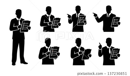 Black Solid Analyst Silhouettes Holding Clipboards Set of Six on White Background 137230851